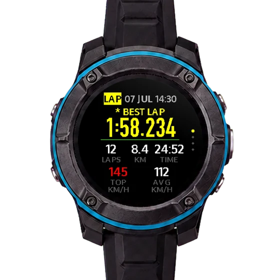 STINT 賽道場次摘要畫面:最佳圈 1:58.234、12 圈、最高速 145 km/h